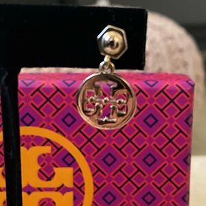 Vintage Tory Burch Silver Logo Drop Dangle Earrings